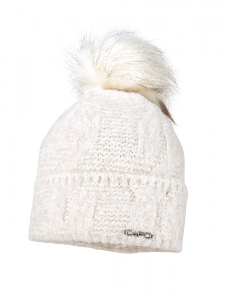 Capo Strickmütze für Damen mit softem Kunstfellpompon - ecru/ weiß