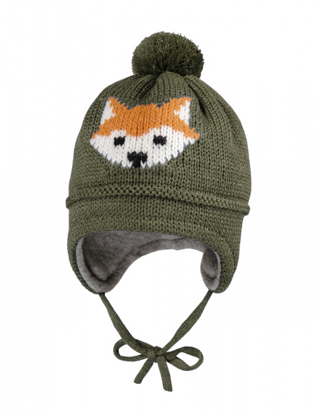 MINI BOY-Mütze, ausgenäht Intarsie Fuchs, Pompon, Futter