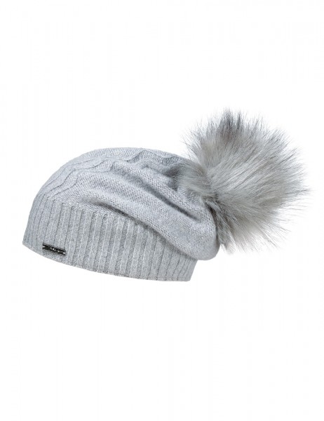 Strickmütze, Kaschmir Strass, Kunstfellpompon, Fleecestreifen